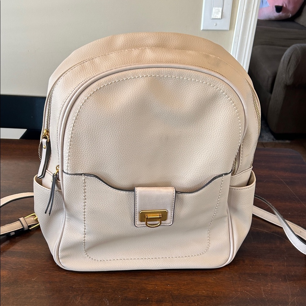 Beige Women's Faux Leather Backpack with Gold Hardware